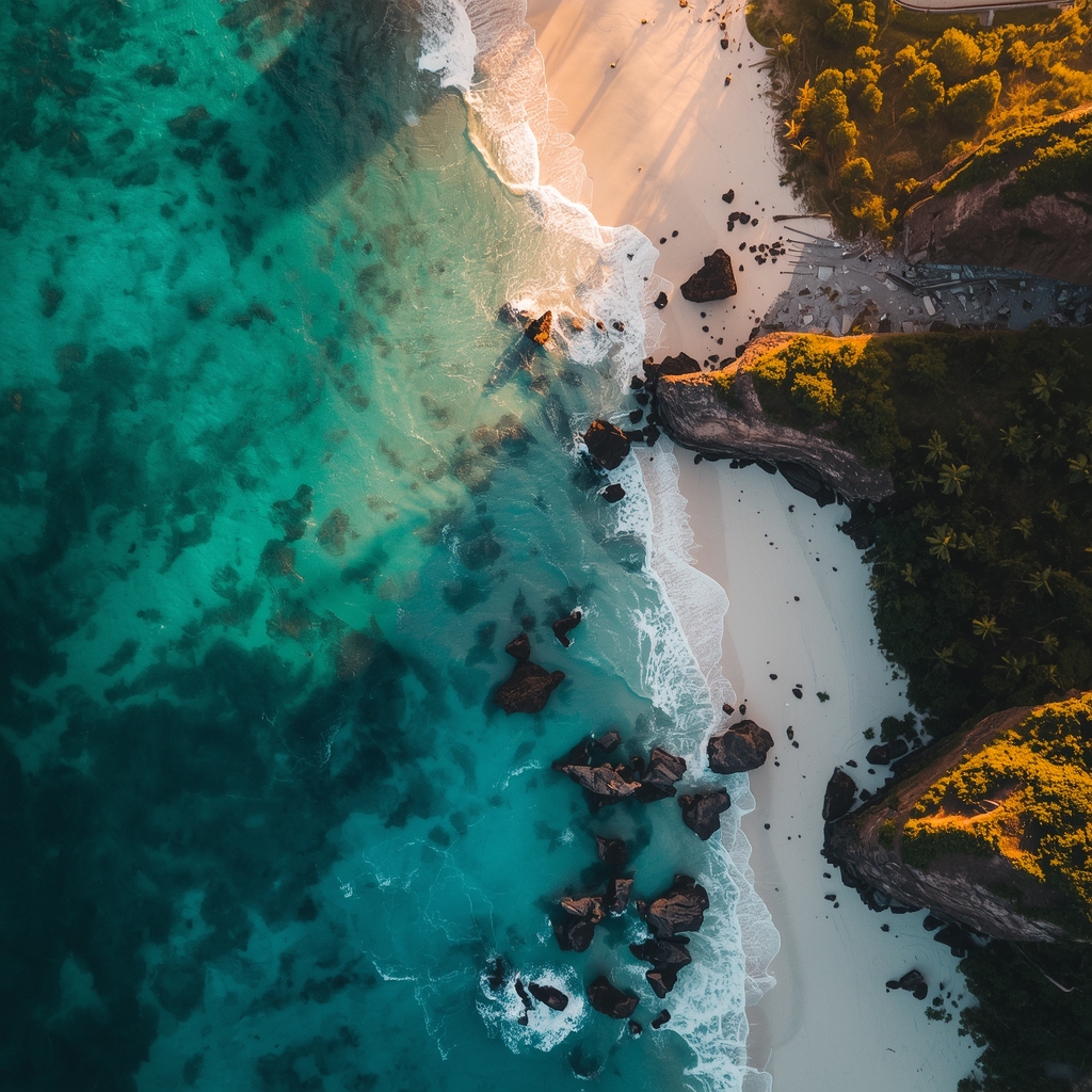 A breathtaking aerial view of turquoise ocean water meeting a white sand beach with rocky cliffs and lush green tropical vegetation, golden hour sunlight casting long shadows, cinematic landscape photography